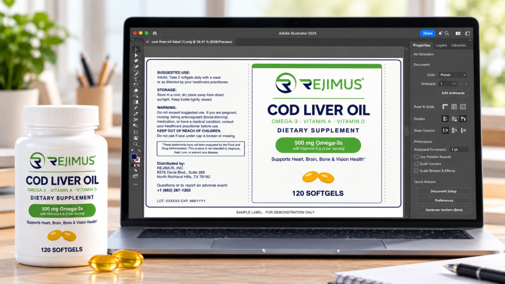 Supplement label artwork open in Adobe Illustrator, demonstrating how Panelgea® SVG exports can be used in packaging design workflows.