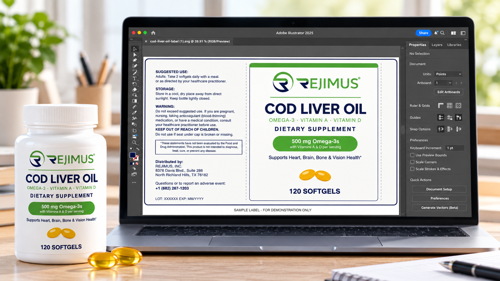 Supplement label artwork open in Adobe Illustrator, demonstrating how Panelgea® SVG exports can be used in packaging design workflows.