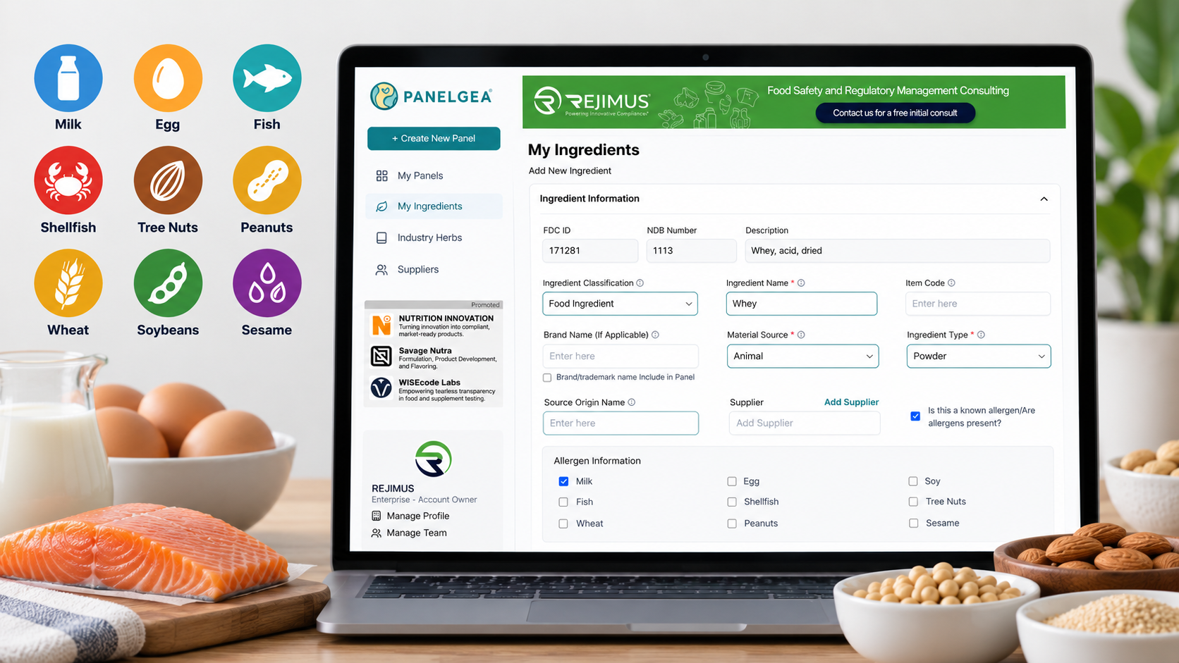 Panelgea ingredient management software showing user-specified allergen information for a food ingredient