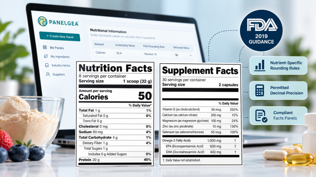 Panelgea Nutrition Facts and Supplement Facts software illustrating FDA rounding rules and permitted nutrient decimal precision.