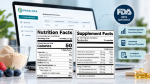 Panelgea Nutrition Facts and Supplement Facts software illustrating FDA rounding rules and permitted nutrient decimal precision.