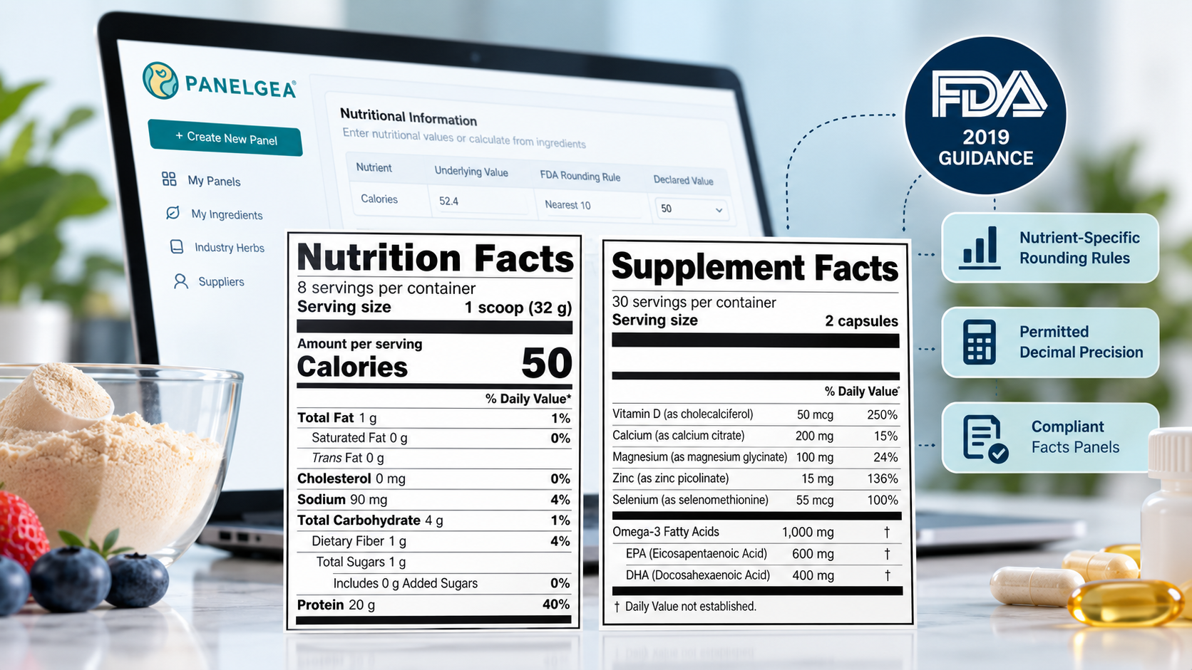 Panelgea Nutrition Facts and Supplement Facts software illustrating FDA rounding rules and permitted nutrient decimal precision.
