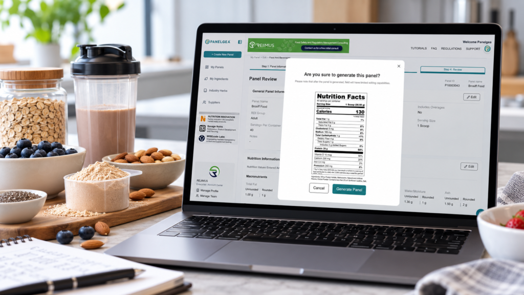 Panelgea Nutrition Facts software displaying a food product panel review and Nutrition Facts label.