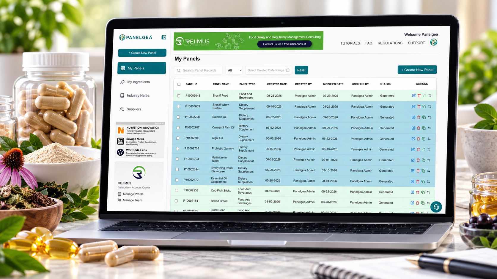 Panelgea® supplement facts software displaying multiple dietary supplement panels alongside capsules, botanicals, and other supplement ingredients.