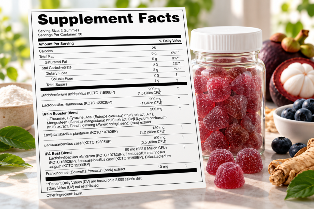 Supplement Facts panel for a complex gummy supplement formula featuring proprietary blends, probiotics, botanicals, and nested ingredients.