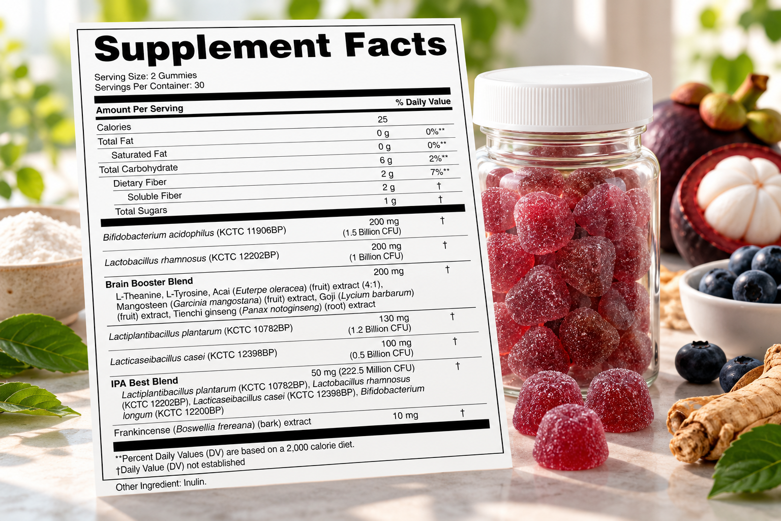 Supplement Facts panel for a complex gummy supplement formula featuring proprietary blends, probiotics, botanicals, and nested ingredients.