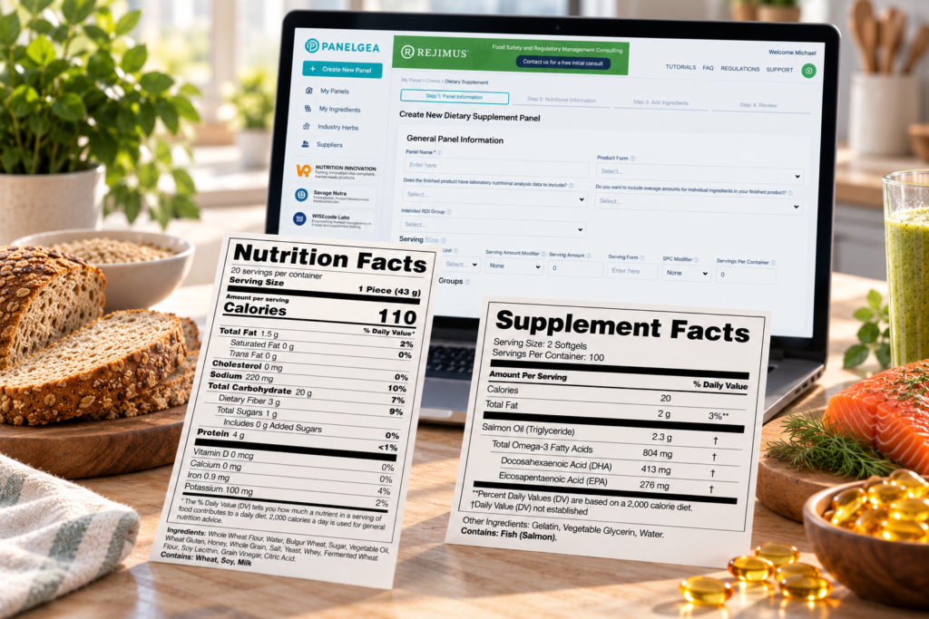 Panelgea® facts panel generator displaying Nutrition Facts and Supplement Facts labeling alongside food and dietary supplement products.
