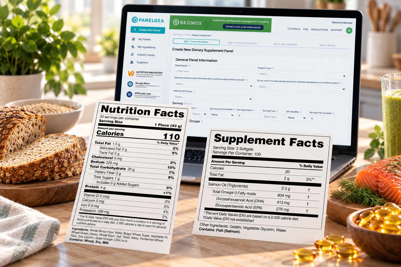 Panelgea® facts panel generator displaying Nutrition Facts and Supplement Facts labeling alongside food and dietary supplement products.