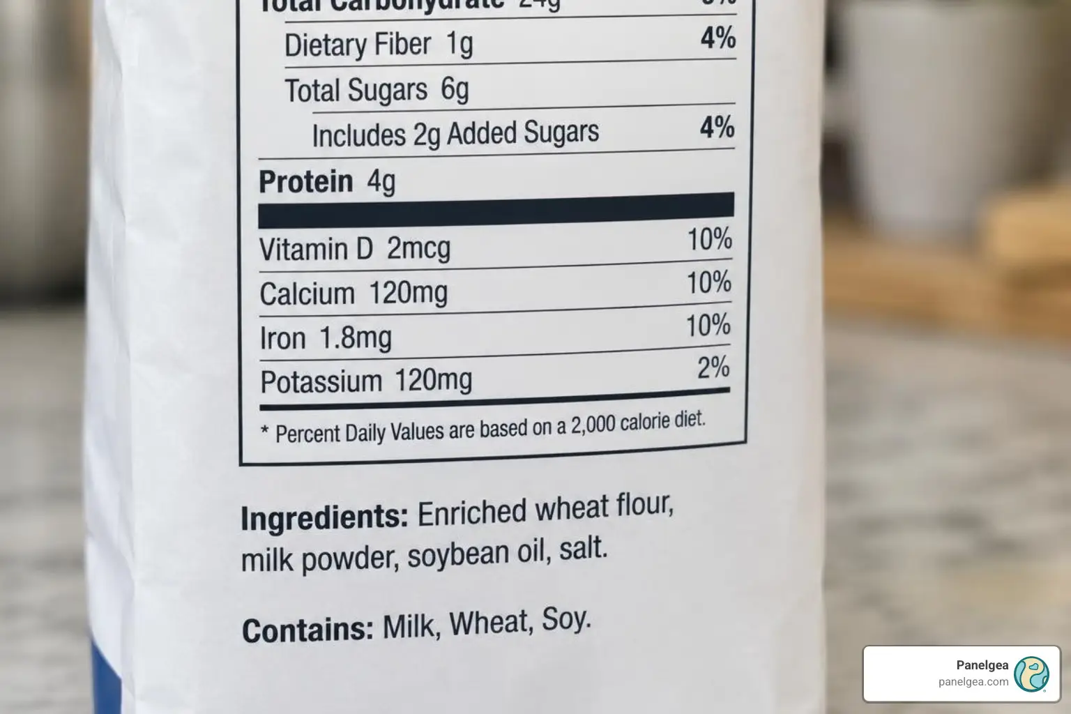 U.S. Nutrition Facts panel with vitamin D, calcium, iron, and potassium values; an ingredient statement appears directly below